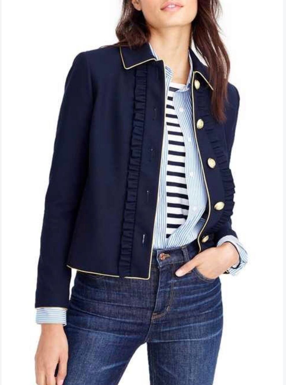 J.Crew Navy Wool Blend Ruffle Military Jacket Blazer Gold Buttons Size 6